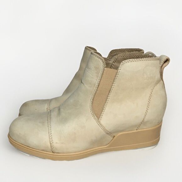 Sorel Womens Evie Tan Leather Waterproof Pull On Wedge Ankle Booties Size 8 VGC - Picture 1 of 9
